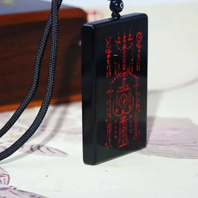 Natural Obsidian The Jade Emperor God Safe Unisex Pendant Chinese-style Taoist Red Spell Lucky To Attract Wealth Pendant Charms