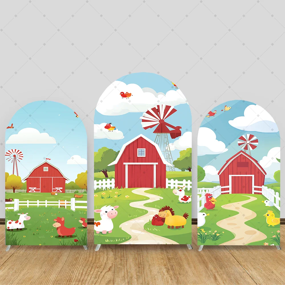 

Cartoon Farm Animal Theme Arch Covers Backdrop Baby Shower Birthday Arched Backgrounds Elastic Double-Sided Fabric Party Decors