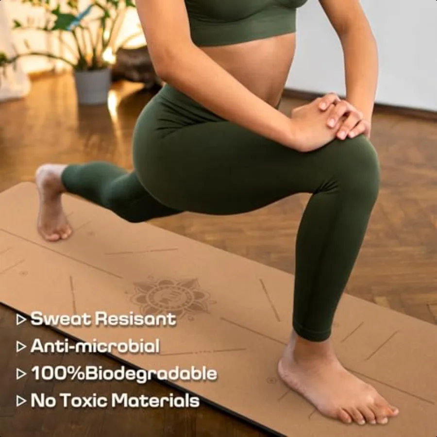 بساط يوجا من الفلين غير قابل للانزلاق يقاوم العرق والروائح بساط تمرين مع حزام حمل لليوجا الساخنة وأرضية البيلاتس والتدريبات اللياقة البدنية #6