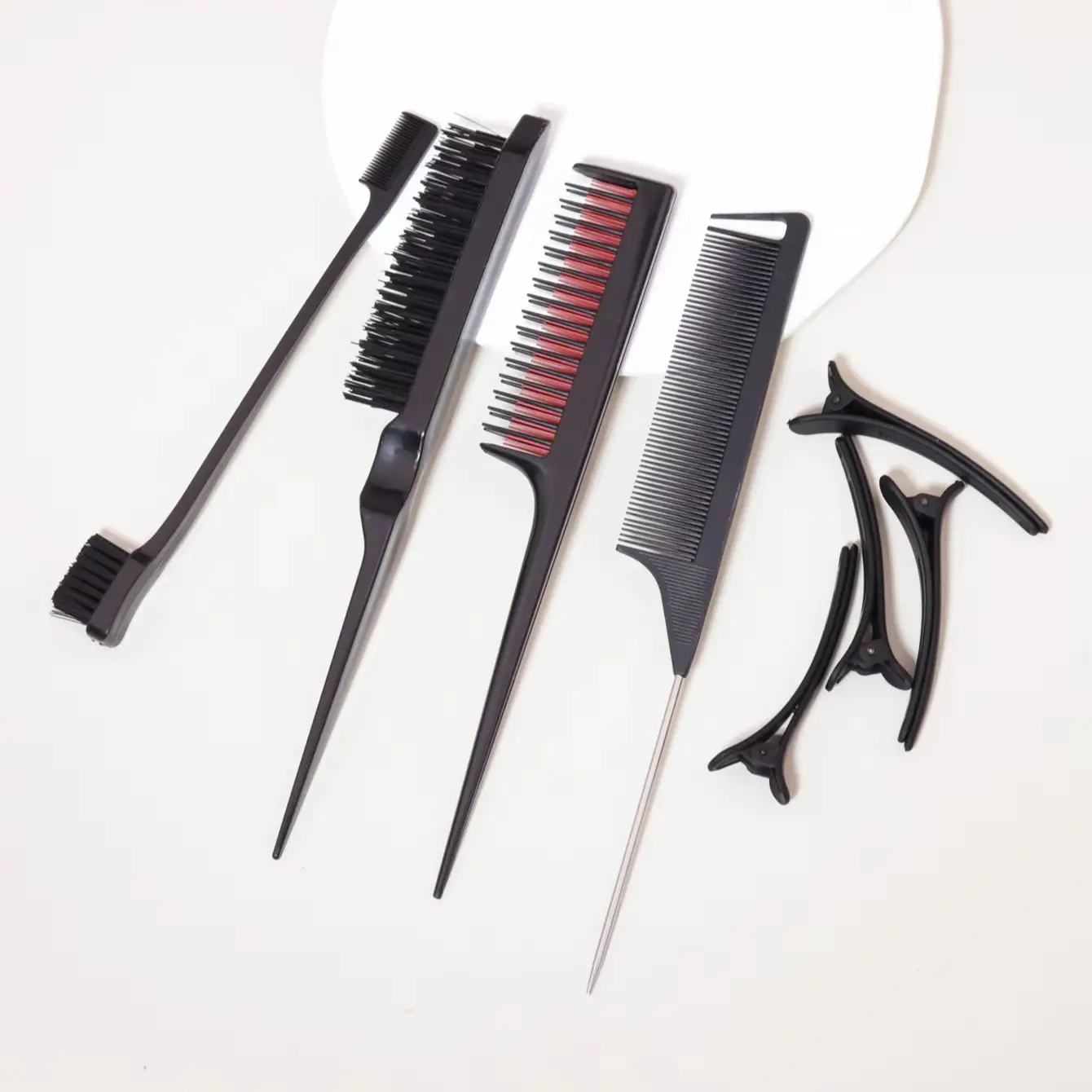 8pcs hair styling tool set, 1 hair brush, 1 edge comb brush, 4 hair clips, 2 pointed tail combs, special for real hair wigs