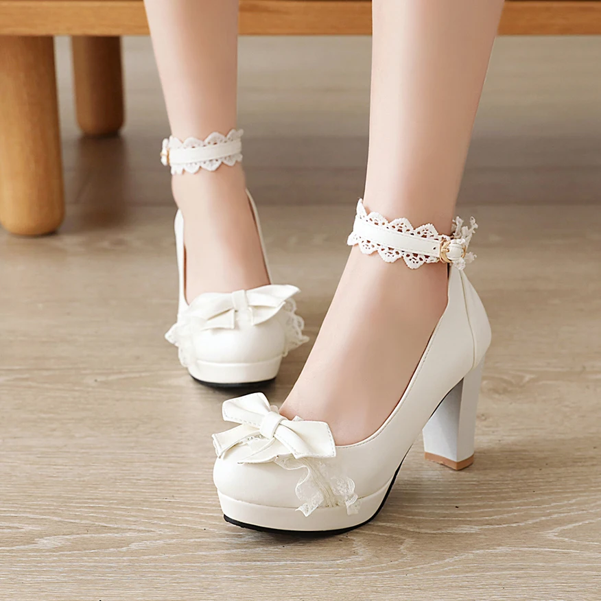 Summer 2022 Ladies Heels Platform Cute Bow Lace Princess Mary Jane Lolita Shoes Party High Heel Buckle Women Pumps Girls Sweet 8