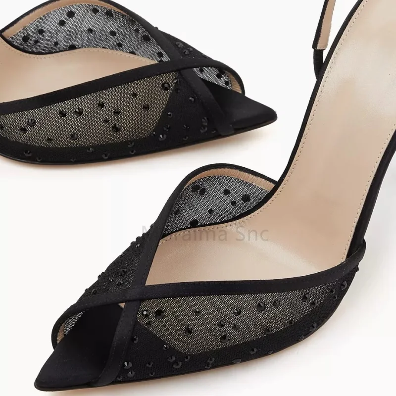Cryatsl Peep Toe Sandals Women Black Mesh High Heels Sexy Pointed Toe Thin Heel Sexy Slingback Party Office Lady Shoes Summer