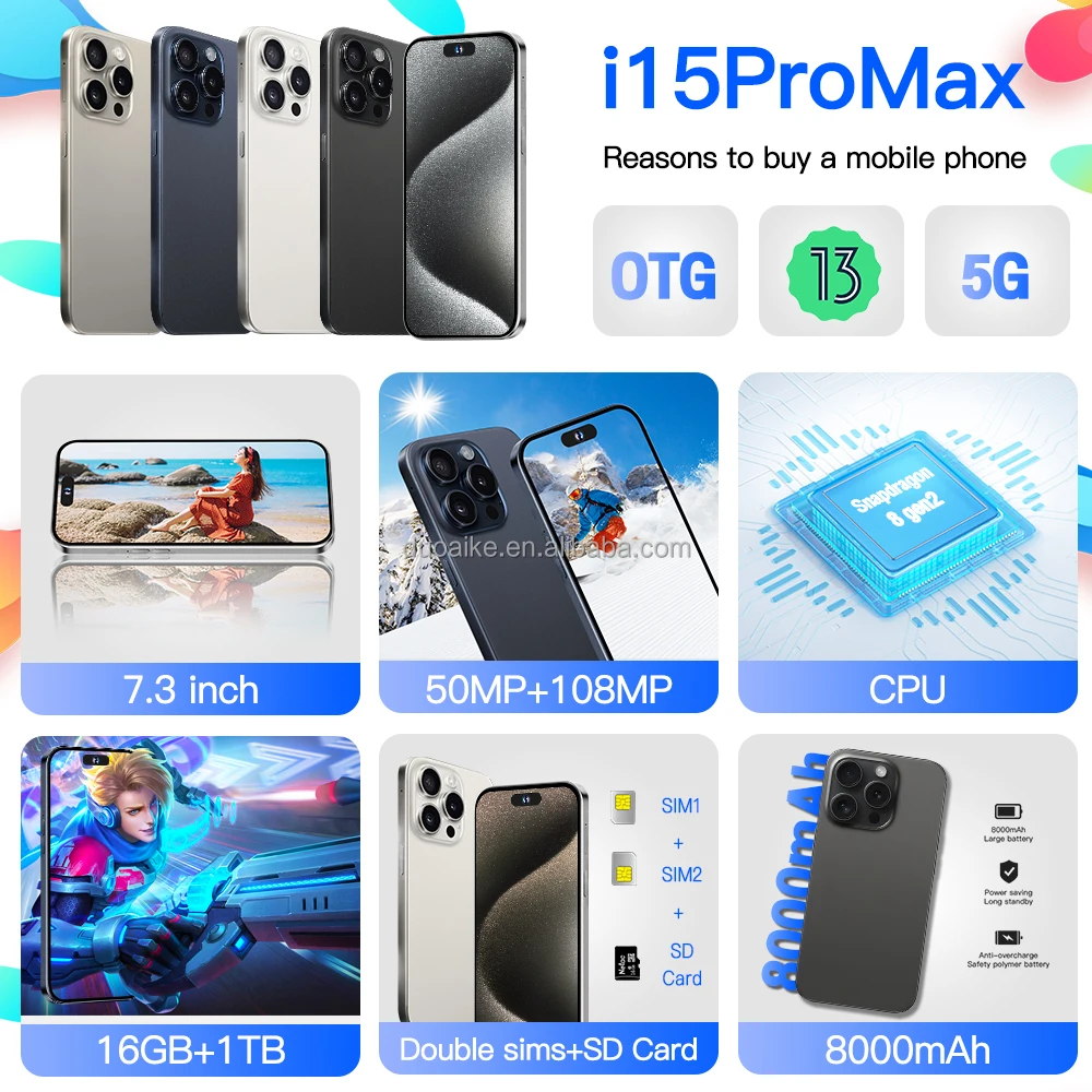 2023 Wersja klonowa 15 pro max 6,8 cala 60 Hz Tani smartfon 4G 5G 8 GB + 512 GB odblokowana Podwójna karta SIM 64 MP Tani 15 Pro Max