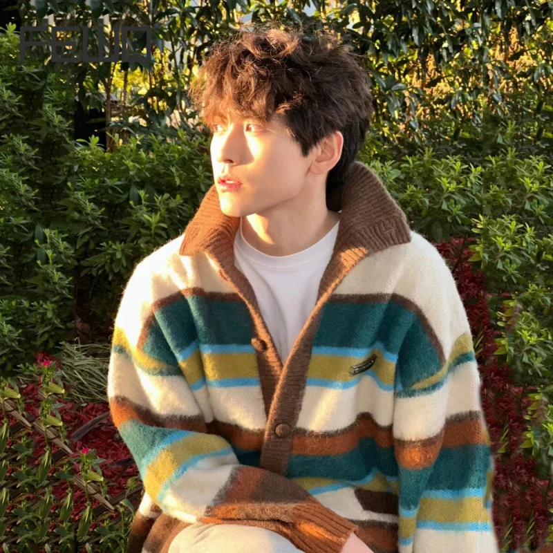 

FEWQ Striped Men Cardigan Sweater Contrast Color Turn Down Collar Long Sleeve 2024 Korea Fashion Male Tops Casual 24E2754