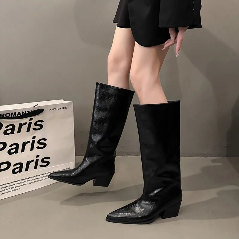 Inverno salto grosso apontou toe mulher joelho-botas altas senhoras elegante deslizamento em botas longas botas de inverno feminino 2025