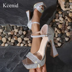 Kcenid Sexy Ankle Strap Gladiator High Heels Platform Sandals Summer Silver Rhinestone Open Toe Pumps Women Party Wedding Shoes