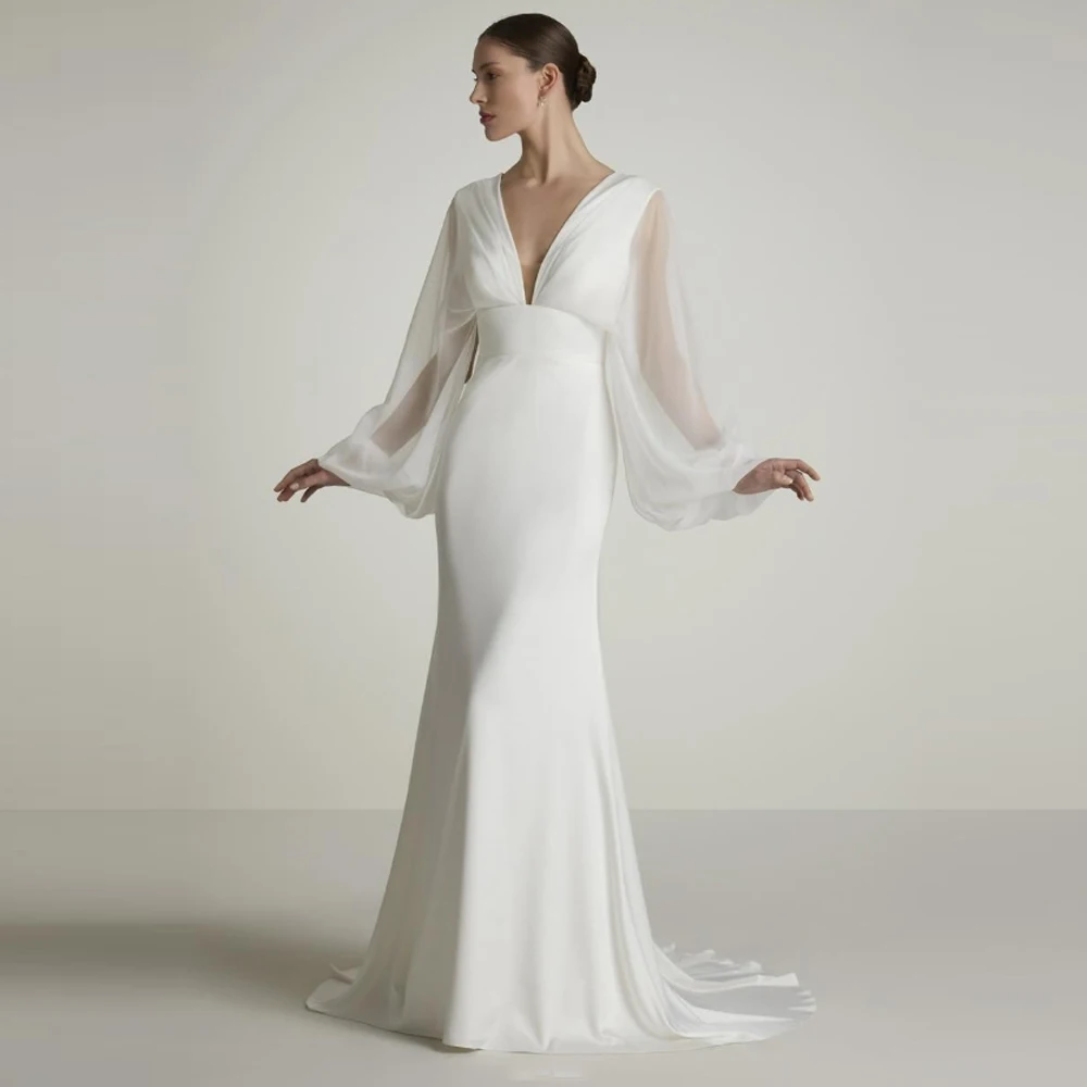 

Elegant Classical Satin Women Wedding Dresses Modern Sexy V-Neck Tulle Bride Gowns Long Sleeves Backless Vestido De Novia Lujo