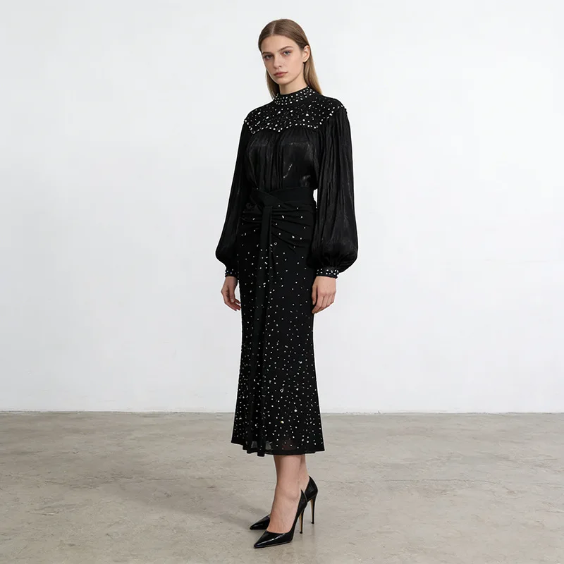 2026 Spring New French Style Embroidery Rhinestone Mesh Patchwork Long Sleeve Top + High Waist Rhinestone Long Skirt Ladies 2PCS