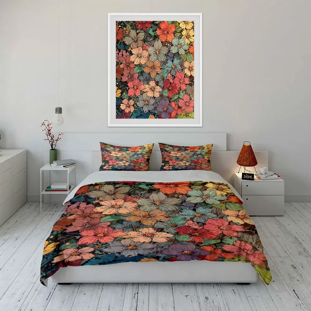 Colorful Floral Pattern Decor Set Bedding Set with 1 Duvet Cover 2 Pillowcases Single Double King Queen, Gift