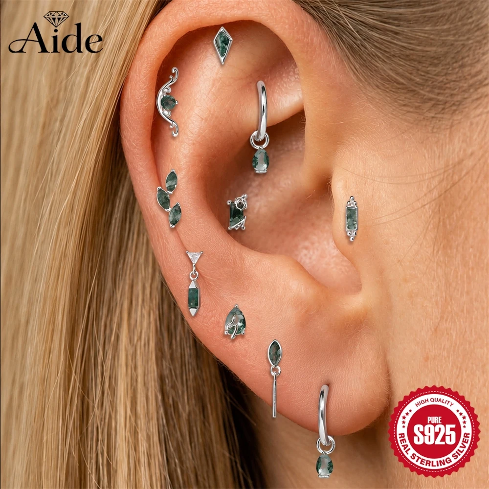 AIDE Natural Water Arass Agate Geometric Waves/Leaves Piercing Earrings Women's 925 Sterling Silver Dainty Luxury Fine Jewelry