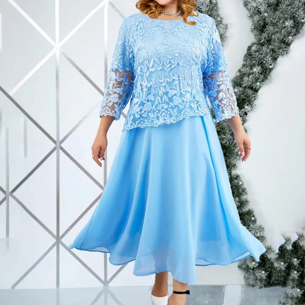 Pleated Waist Dress Elegant Plus Size Maxi Dress with Flower Embroidery Lace Detail Three Quarter Sleeve O Neck Fake Two-piece