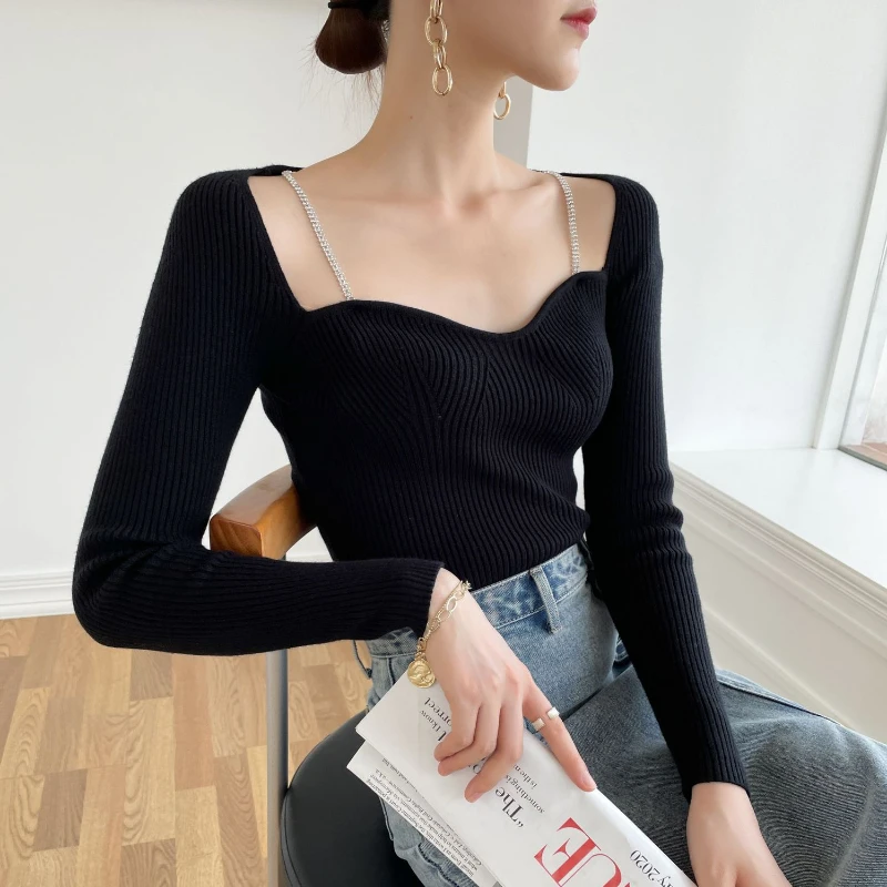 2022 New Women Knit Sweater Strapless Clavicle Long Sleeve Knitwear Petal Collar Slim Chain Design Base Shirt