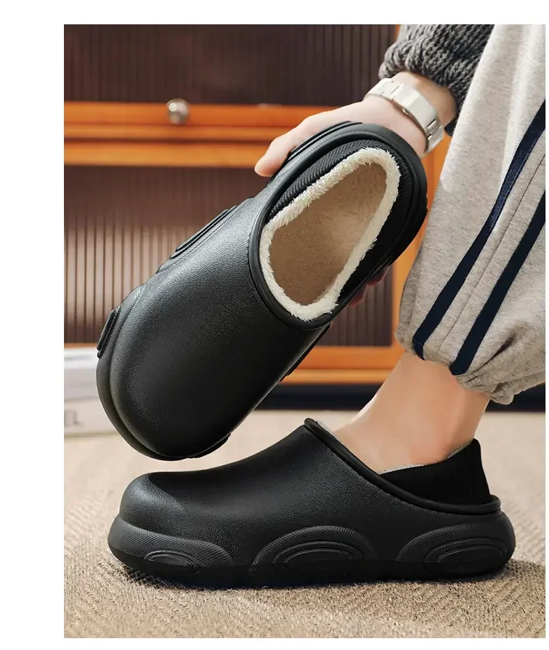 

AJUVEN Indoor Outdoor Winter Colgs Slippers Men Waterproof Garden Shoes Home Fur Clogs Soft Plush Slippers Bedroom Fuzzy Shoes