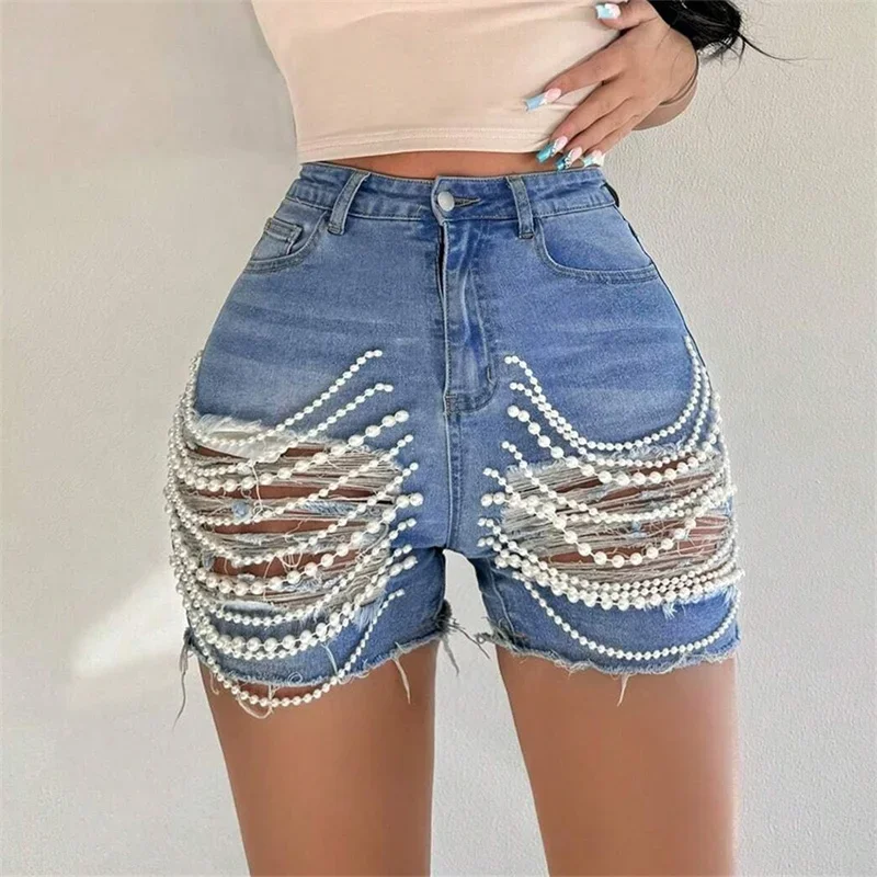 Women Beading Patchwork Decoration Denim Shorts Summer Hip Lift High Waist Three Quarter Pants Female Commuter Casual Mini Jeans