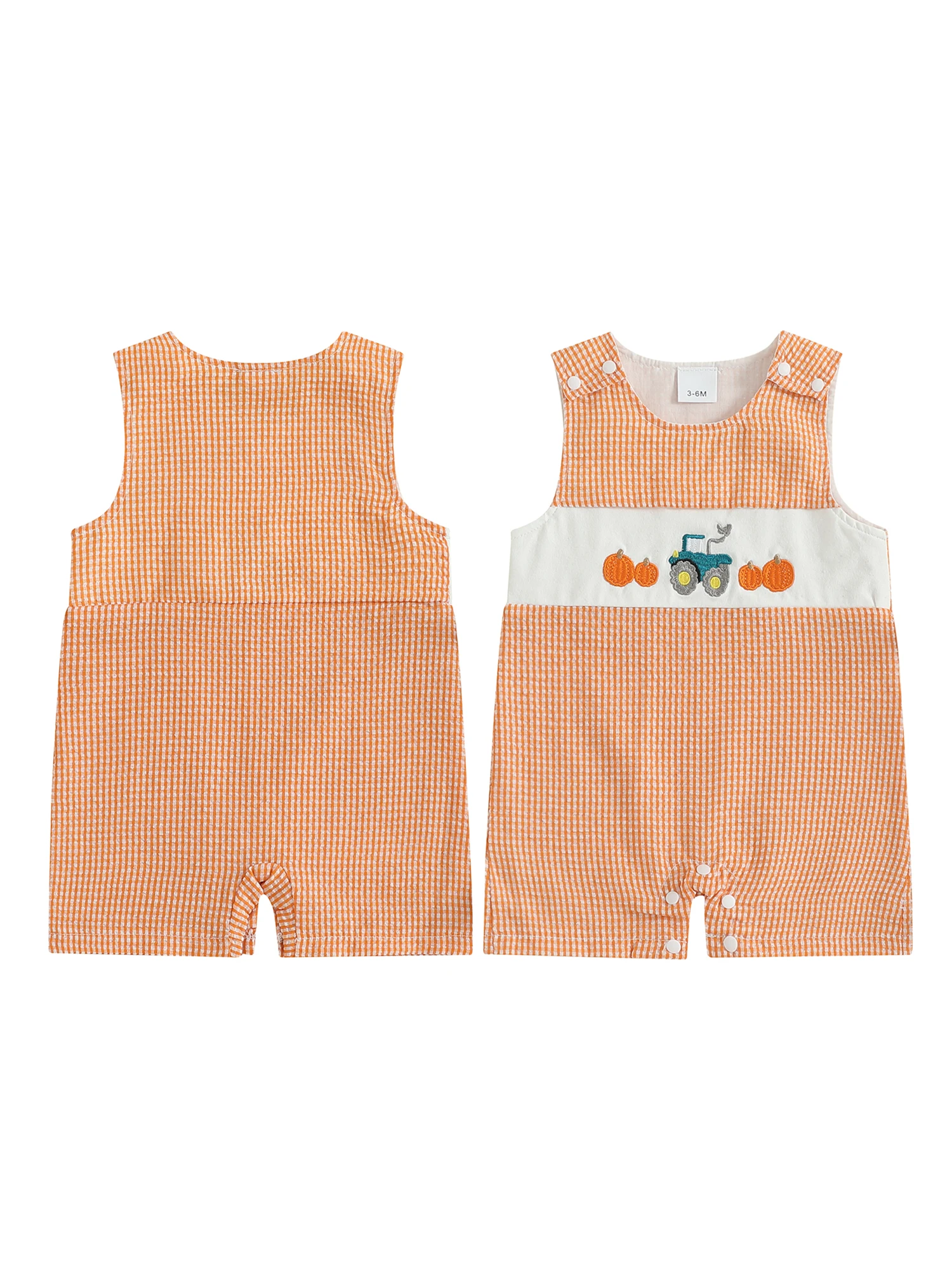

Adorable Sleeveless Pumpkin Embroidery Romper Halloween Baby Jumpsuit with Plaid Design for Boys and Girls Cute Baby Clothes
