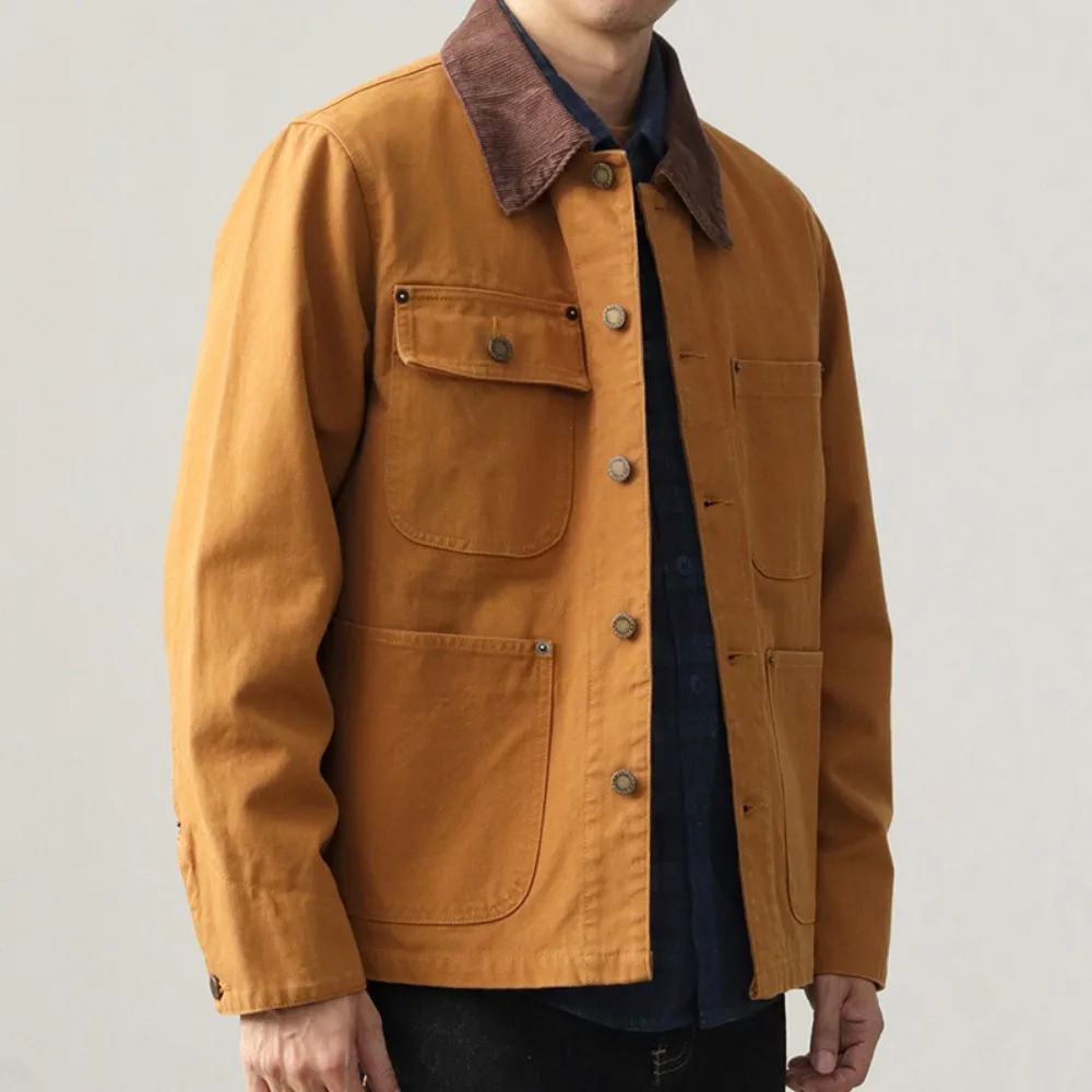 

New heavyweight canvas American retro corduroy collar work jacket for men in autumn and winter