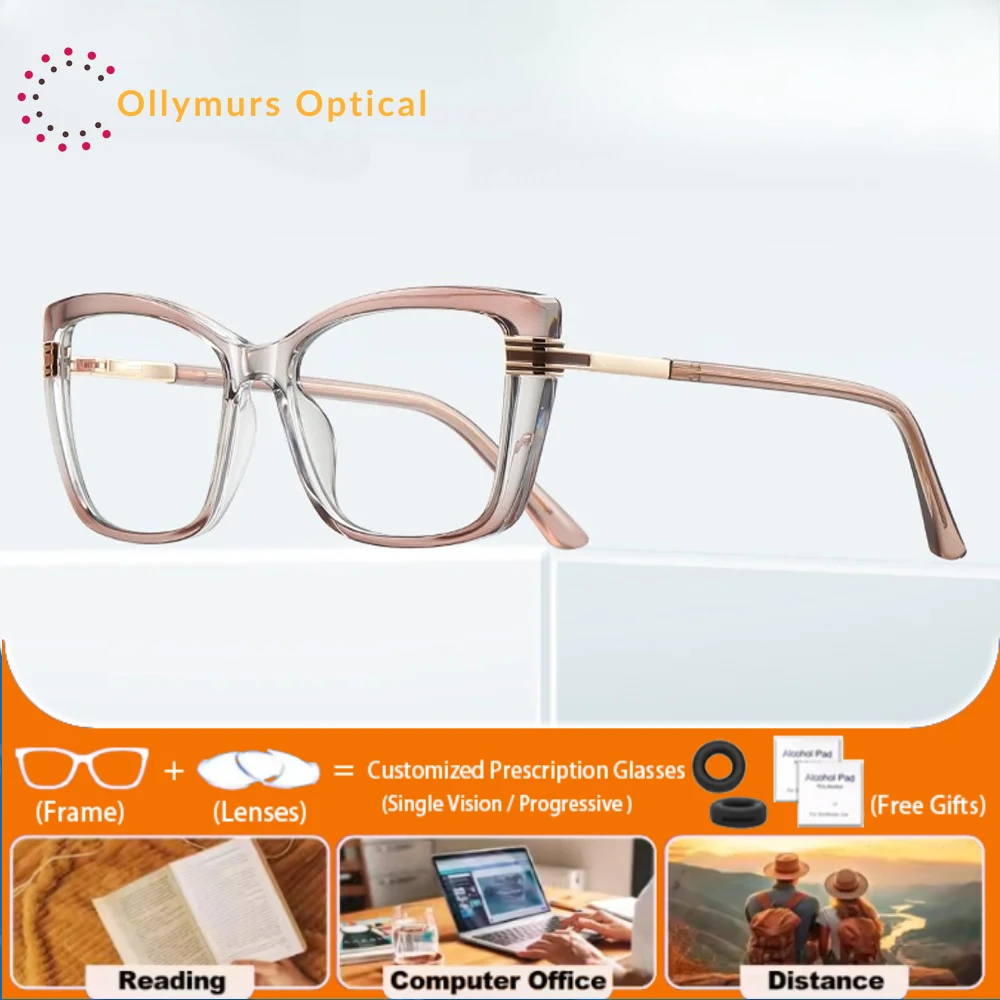 

OLLYMURS Simple Women Myopia Photochromic Prescription Glasses Versatile Butterfly Frame Anti Blue Light Progressive Eyeglasses