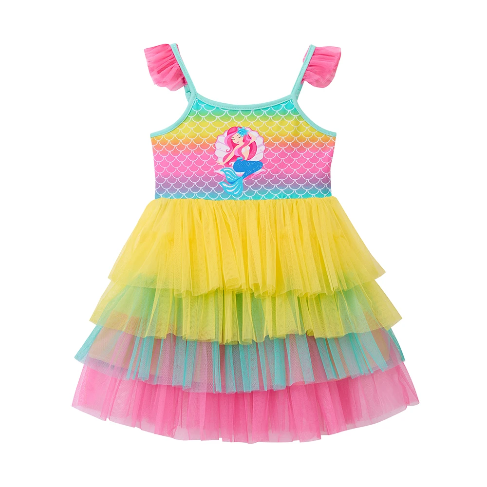 DXTON Baby Mädchen Sommerkleidung Meerjungfrau Trägerkleid Kinder Prinzessinnenkleider Cartoon Mesh Patchwork Kinder Mädchen Schulparty Outfits – Detail 3