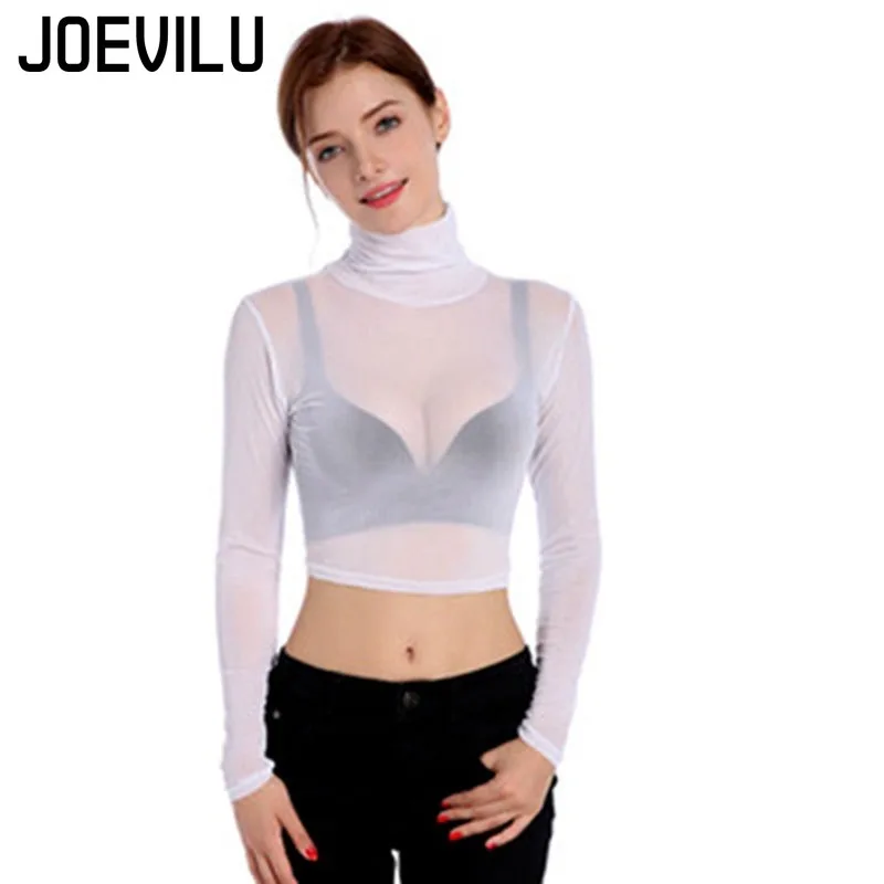 

Short Long-sleeved Bottoming Shirt Women's New Half T-shirt Half Cut See-through Mesh High Neck Inner Thin Sexy Tops