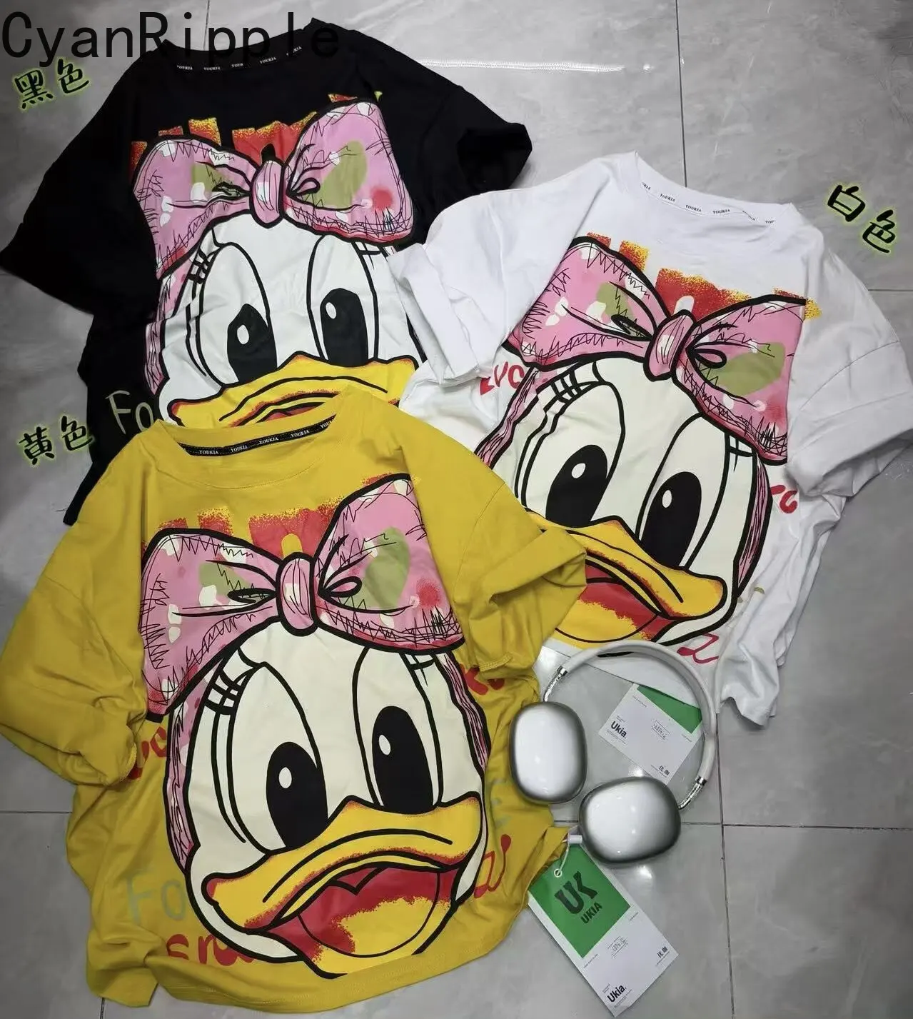 

Женская футболка оверсайз с круглым вырезом, свободного кроя, с мультяшным принтом, повседневная, для студентов, весна-лето, универсальная, с эффектом омоложения