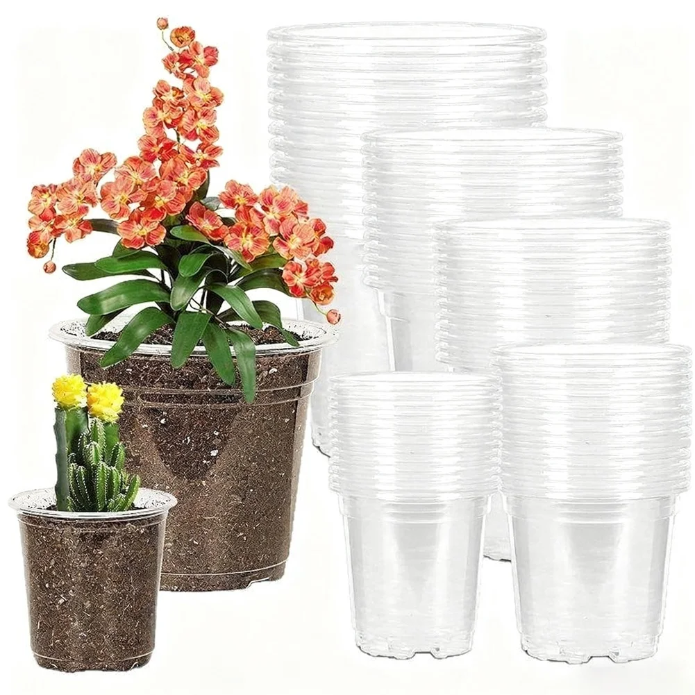 Clear Plastic Pots 25 Piece Set with Drainage and Saucer for Indoor Outdoor Gardening Projects and Plant Cultivation Needs