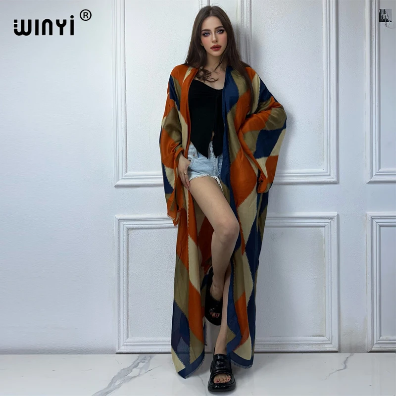 WINYI kimono nadruk geometryczny osłona do bikini elegancki strój plażowy dla kobiet seksowna bawełniana sukienka westidos para mujer kaftan