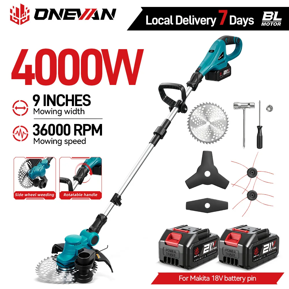 ONEVAN 9-Zoll Bürstenloser Elektrischer Rasenmäher Kabelloser Rasentrimmer Schneid- und Gartengerät für Makita 18V Akku