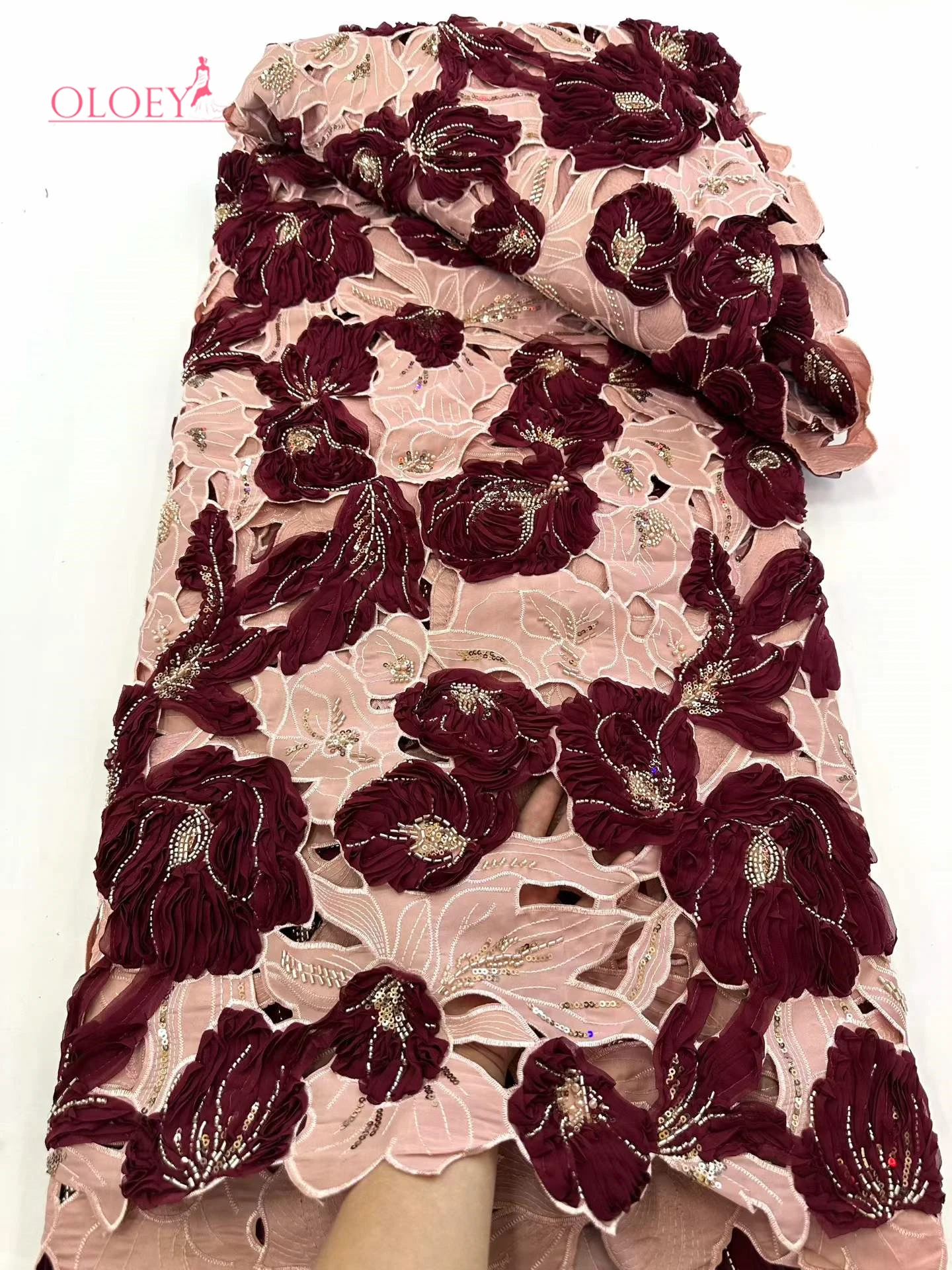 

OLOEY Newest African Beaded Lace Fabric High Quality French Nigerian Sequins Tulle Lace Fabric for Women Party Dress Sewing
