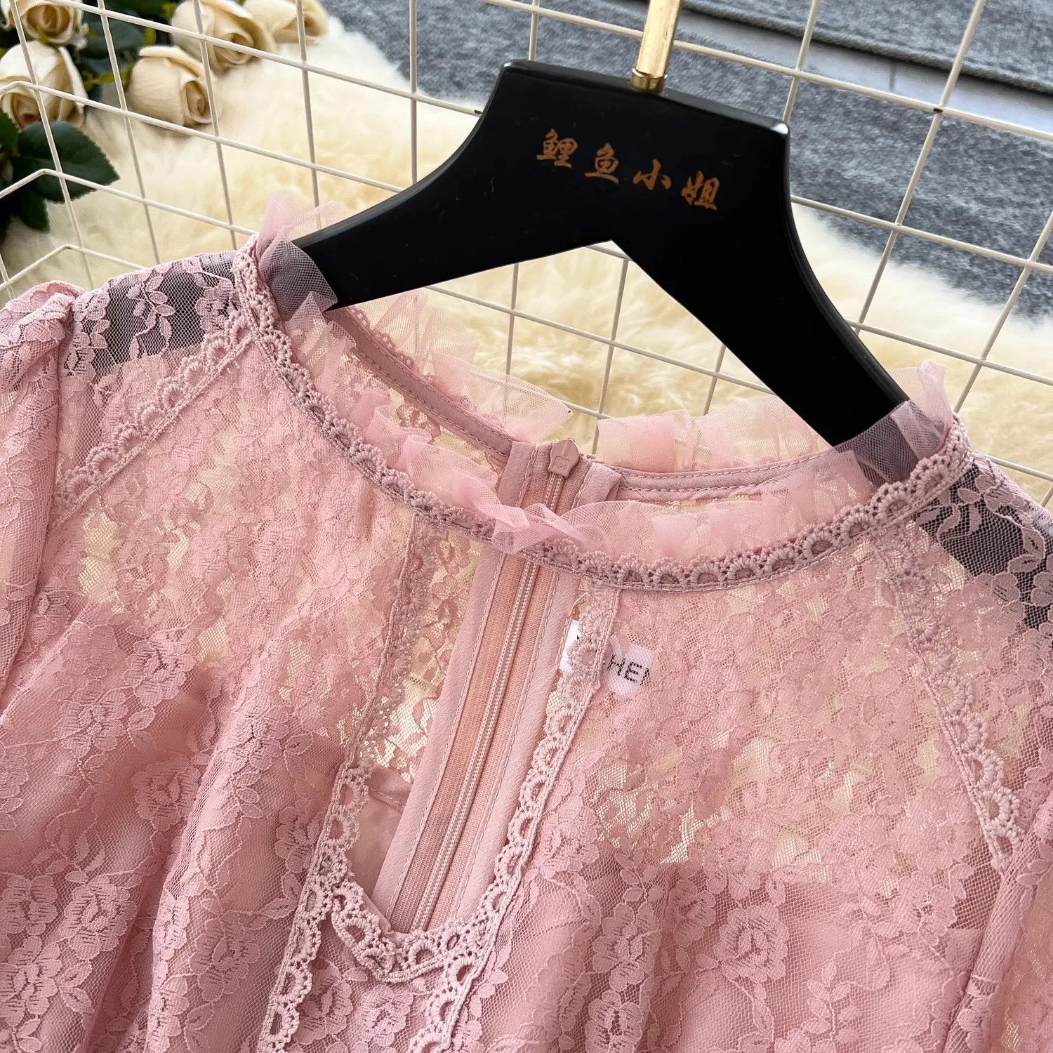 New Autumn Fashion Embroidery Lace Hollow Out Dress For Women Flare Long Sleeves Sweet Pink Elegant Dresses Female Clothing