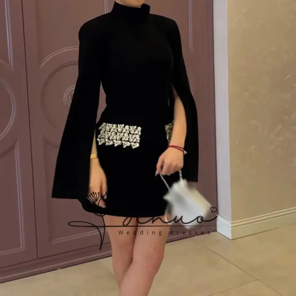 

Короткая юбка по индивидуальному заказу, вечерние платья с высоким воротником и длинными рукавами, платье для выпускного вечера, простое модное повседневное вечернее платье с кристаллами