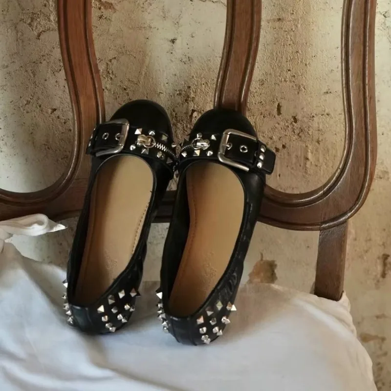 Bolt Round-head Single Shoe Women's Leather Buckle Low-cut Flat Mary Jane Shoes