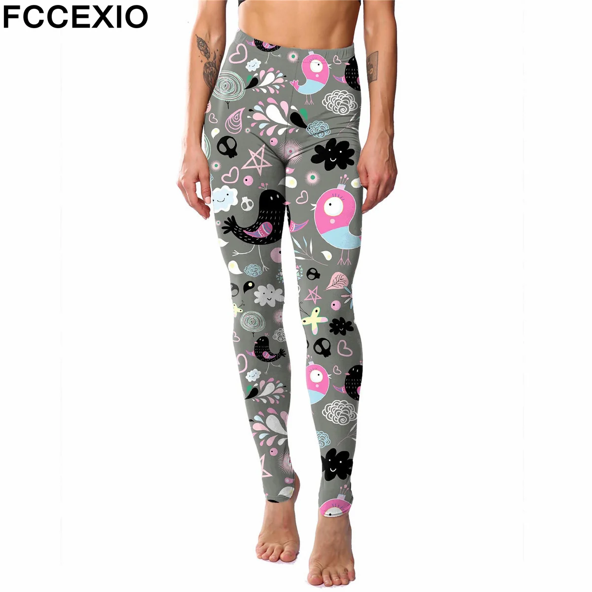 FCCEXIO Cartoon Flamingo 3D Print kobiety legginsy sportowe wysoki stan bieganie seksowny, obcisły Fitness trening joga siłownia biustonosze Push Up