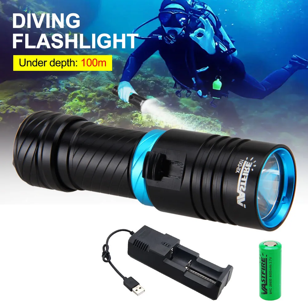 High Power Diving Flashlight IP68 Highest Waterproof Rating Professional Dive Powered by 18650/26650 Battery With Single Charger