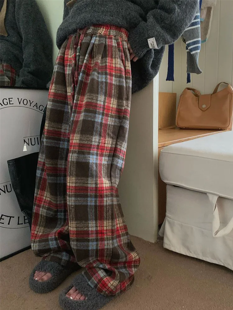 チェック柄暖かいフェイクウールパンツ女性ストリートレトロハイウエストストレートパンツカジュアル原宿レディース秋冬ルーズパンツ新作