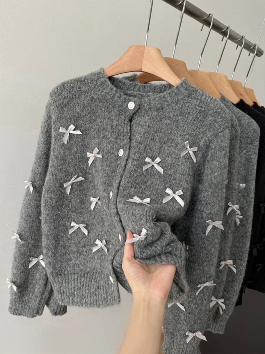 Sweet Bow Short Sweater 2024 Spring Autumn French Single Breasted Knitted Cardigan Korean O-Neck Long Sleeved Versatile Top