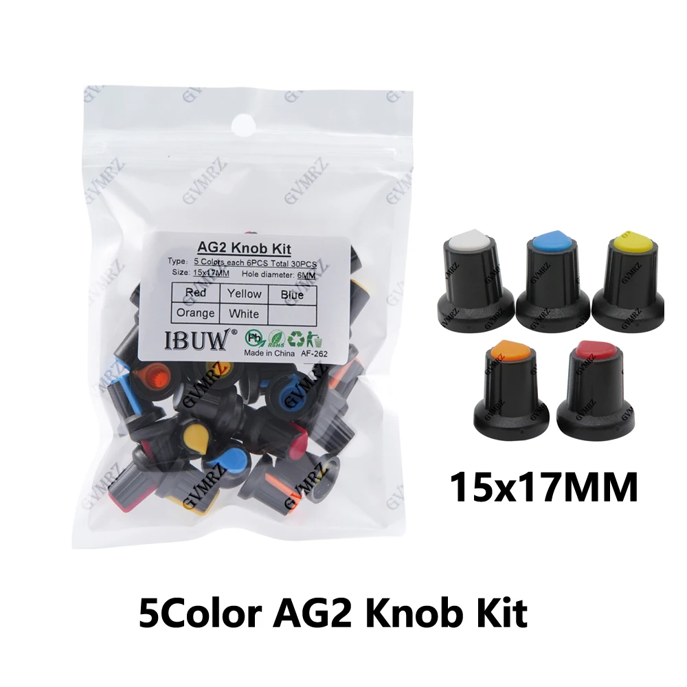 30PCS 5Color AG2 Knob Kit 15x17MM 6MM Hole Diameter for Potentiometer & Switch DIY Electronic Projects