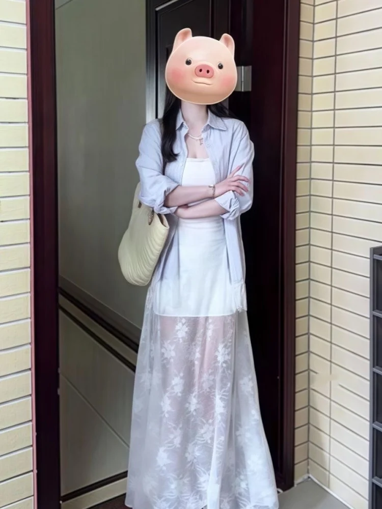 الكورية Sle المرأة الخريف الشتاء الأزرق الدانتيل المحاصيل الأعلى وتنورة مجموعة طويلة Sve الوجه طوق منتصف طول Faion فرقة #4