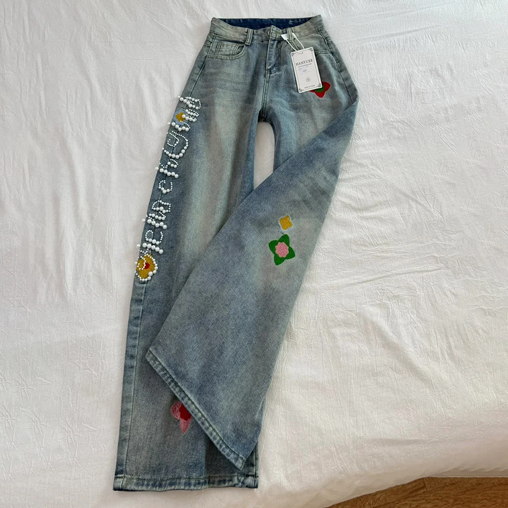Pearls Beadings Embroidery Jeans for Women American-style High Waist Wide Leg Denim Pants Y2K Casual Loose Straight Trousers