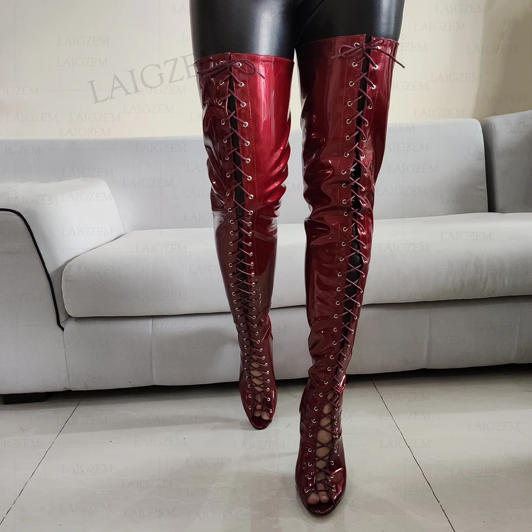 SEIIHEM Women Over Knee High Boots Shoes Lace Peep Toe Thin Heels Boots Shiny Handmade Ladies Shoes Woman Big Size 41 44 50 52