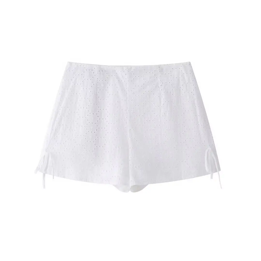 Tangada 2024 Women Bow Embroidery Shorts High Waist Zipper Cotton Shorts BE0151