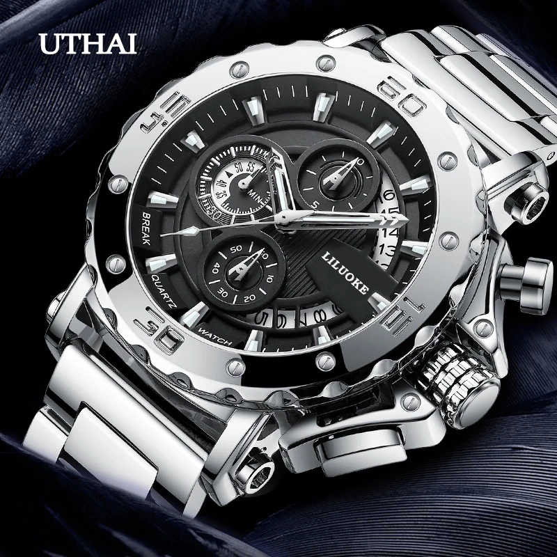 UTHAI CQ248 ساعة رجالي نسيج معدني توهج ساعة مقاوم للماء الراقية الرجال الترفيه موضة ساعة كوارتز