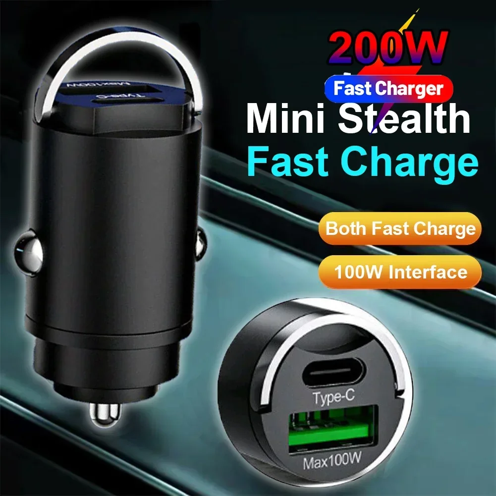 200W Mini USB Car Charger Fast Charging for IPhone QC3.0 Mini PD USB Type C Car Mobile Phone Charger for Xiaomi Samsung Huawei