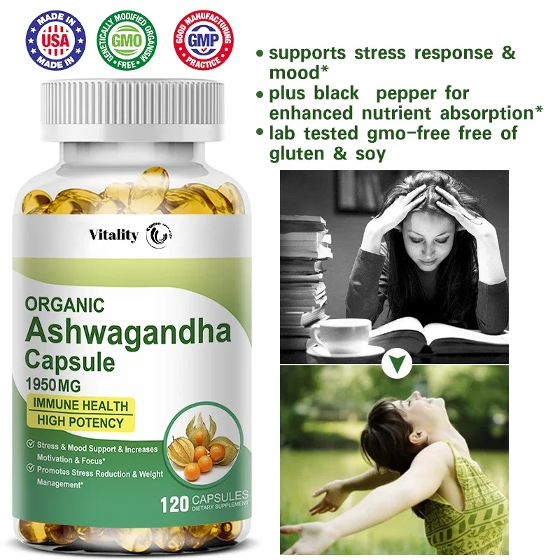 Bcuelov Ashwagandha Extract Capsules Help Antioxidant, Relieve Stress, Improve Sleep, Enhance Immunity Dietary Supplement