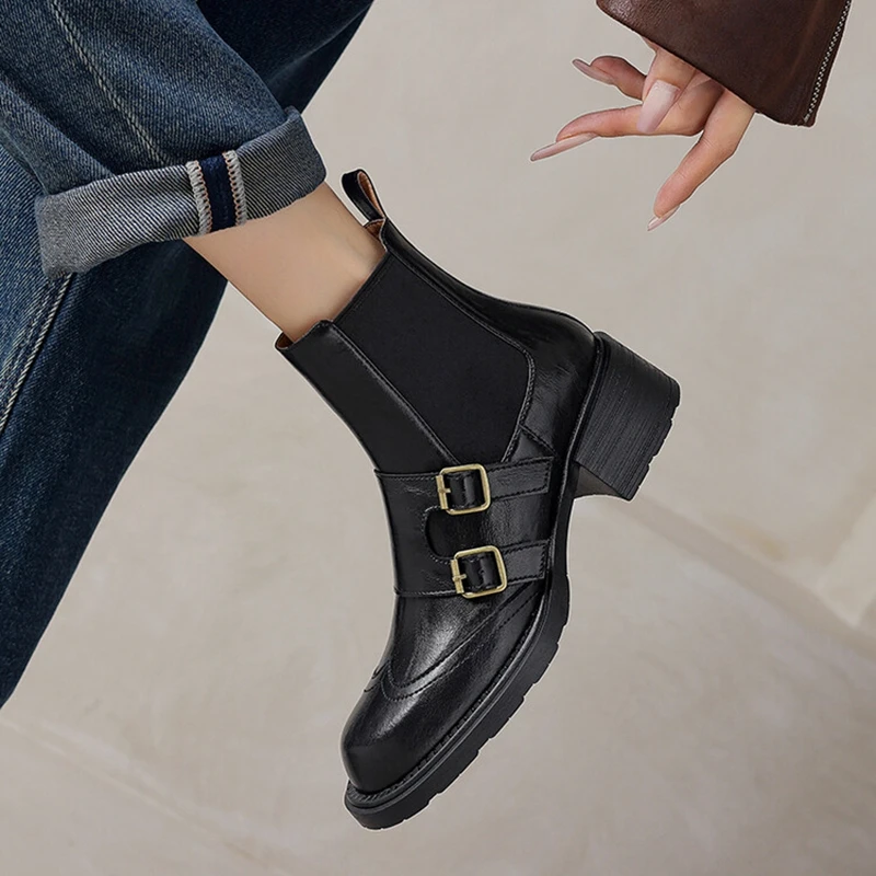 NEW Autumn Women Boots Round Toe Chunky Heel Shoes Split Leather Shoes for Women Slip-on Ankle Boots Belt Buckle Chelsea Boots