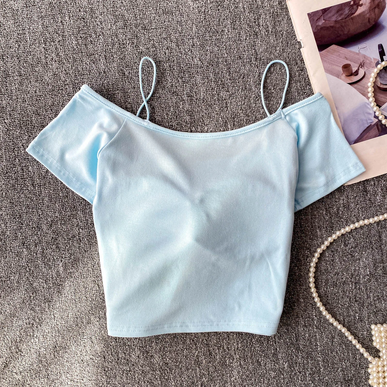 تي شيرت نسائي قصير محبوك مثير بلون واحد، ضيق ومناسب للجسم، مع حشوة للصدر، نسخة كورية أنيقة للعمل #3