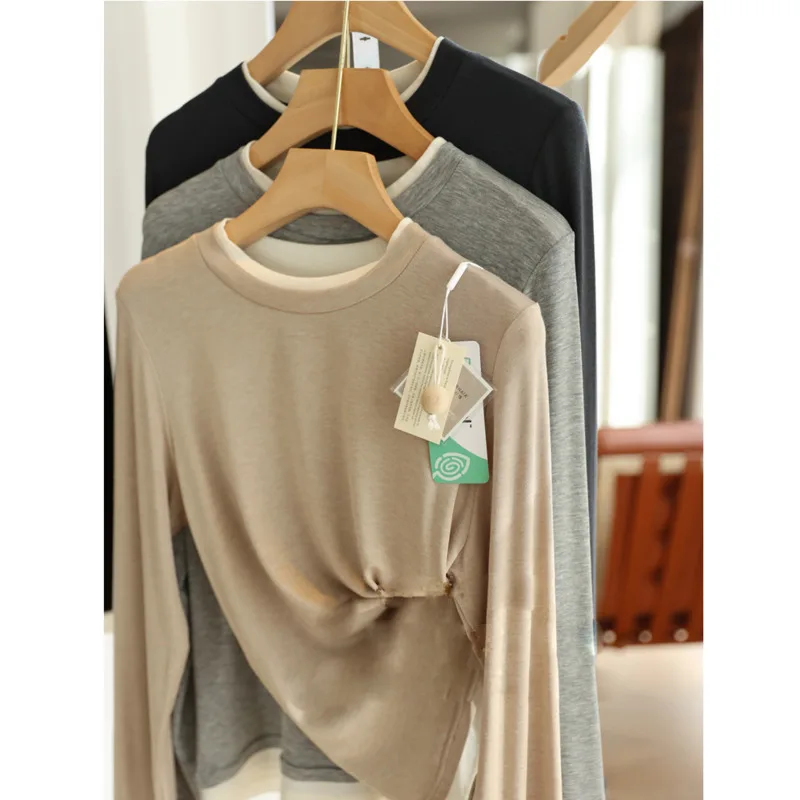 Acetate Wool Fake Two-piece T-shirt Autumn Winter Women Round Neck Long Sleeve Layered Knitted Undershirt