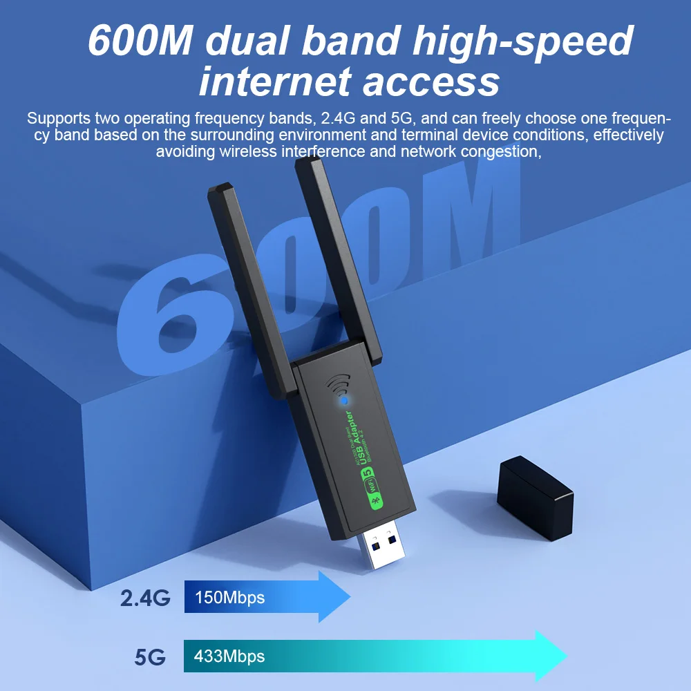 600Mbps WiFi USB Adapter Dual Band 2.4G 5Ghz Wi-Fi Dongle Bluetooth4.2 802.11AC USB High-Speed Wireless Card Receiver For Laptop