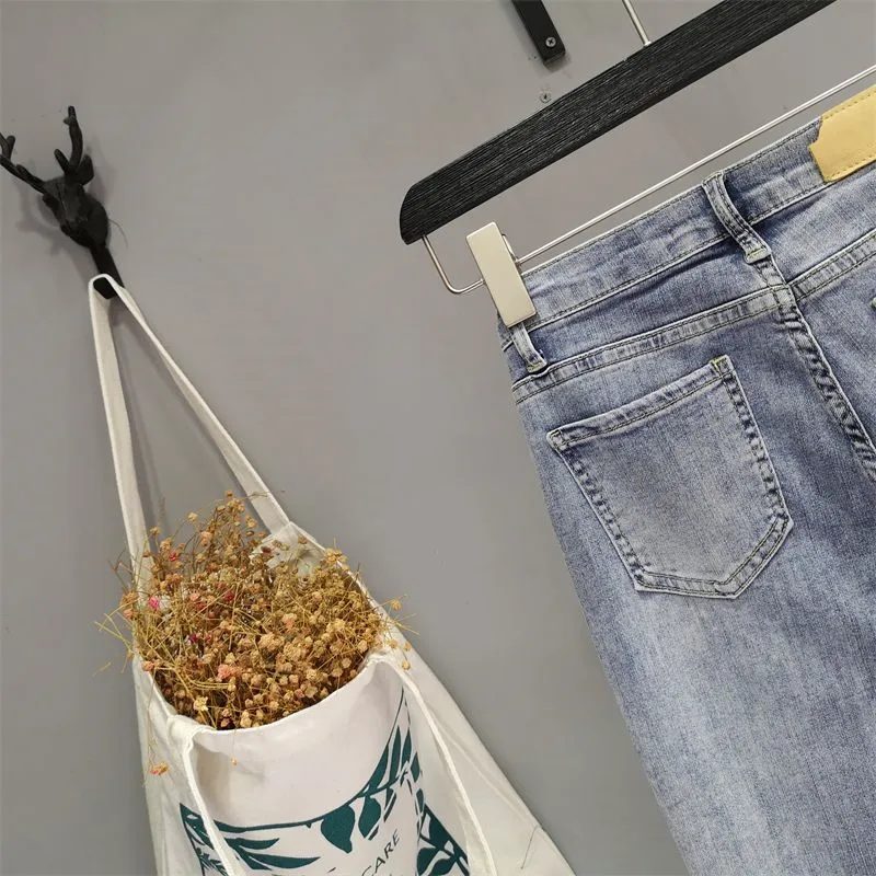 Imagem -05 - Colisão Cor Denim Calças de Cintura Alta Elástico Fino Nove Pontos Calças Lápis Coreano Moda Outono Novo para Mulheres Jeans Vintage 2023