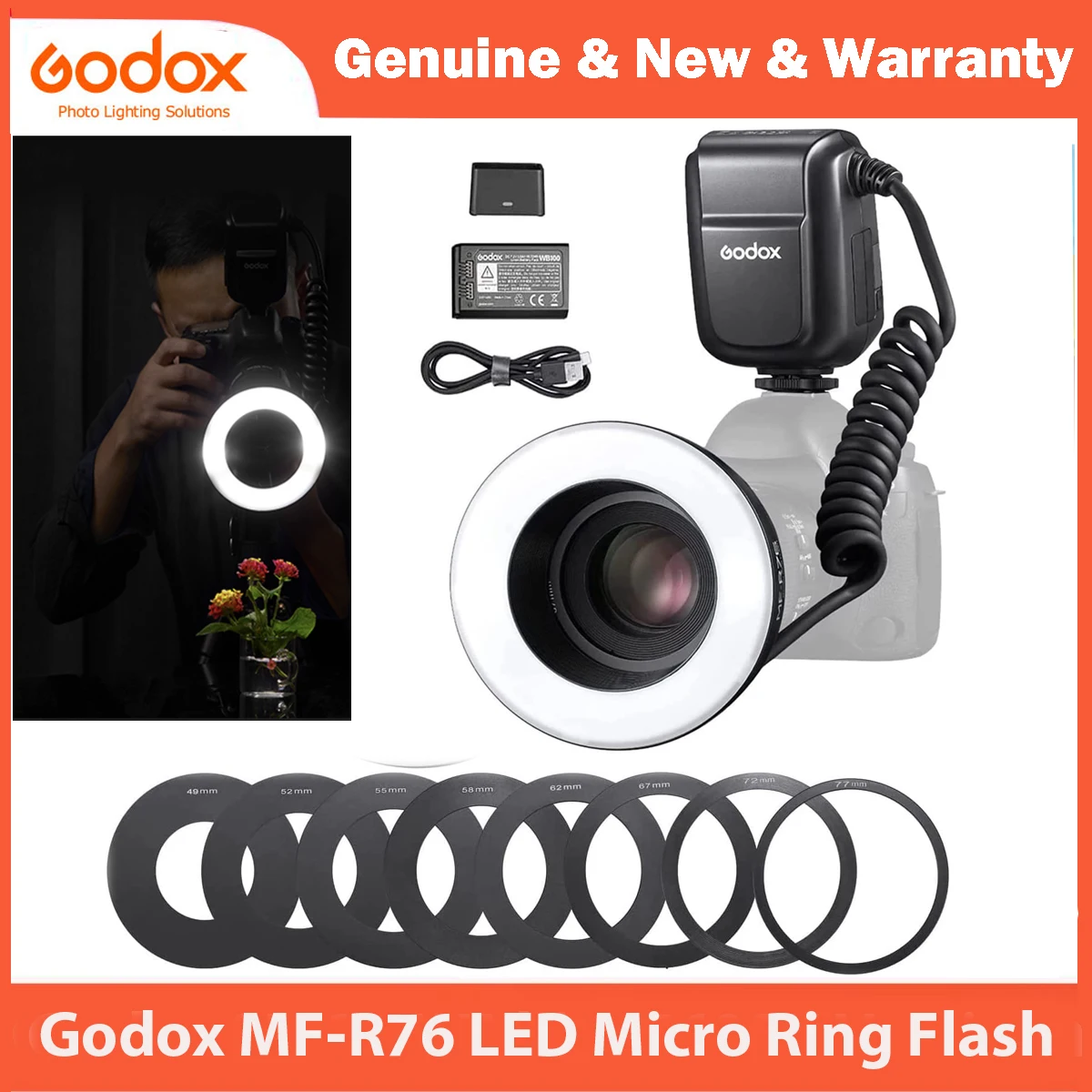 Godox R76 LED Micro Ring Flash 5000K with Li-ion Battery Adapter Rings for Canon Sony Nikon Fuji Olympus Panasonic Pentax Camera