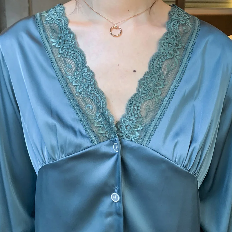 

Sexy Lace Trim V-Neck Sleepwear Pyjama Pour Femme Pajamas Two Piece Set Spring Summer Silk Rayon Home Clothes Female Lounge Wear